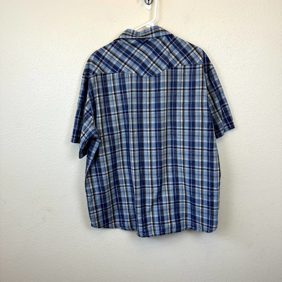 Vintage Rustler Wrangler Shirt Men Blue White Pearl Snap Short Sleeve Plaid XL - Picture 4 of 5